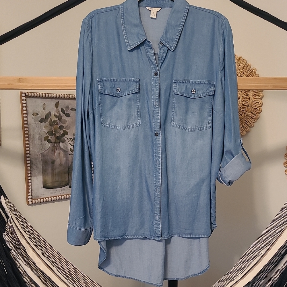 Chambray Hi-Lo Button Down Blouse - image 1